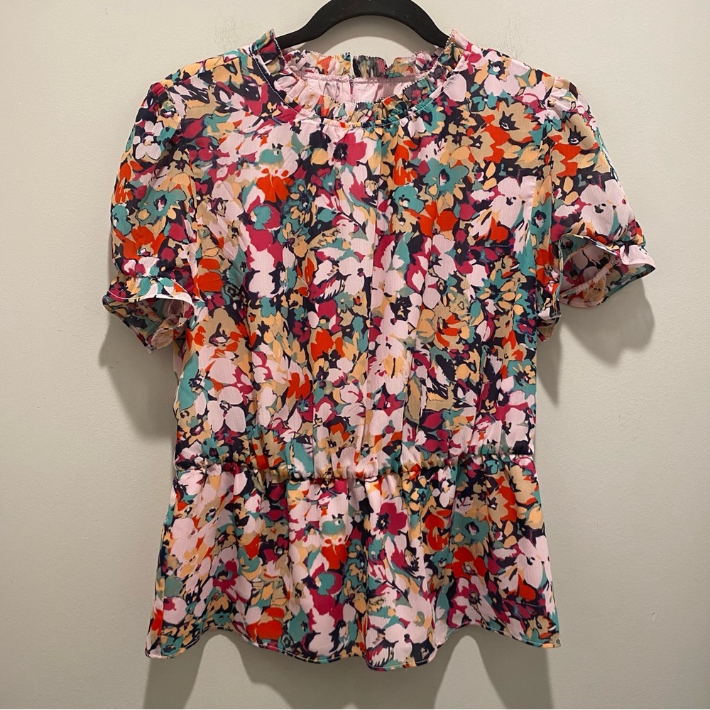 J. Crew Floral Peplum Blouse in Pink, Teal, Red and Navy